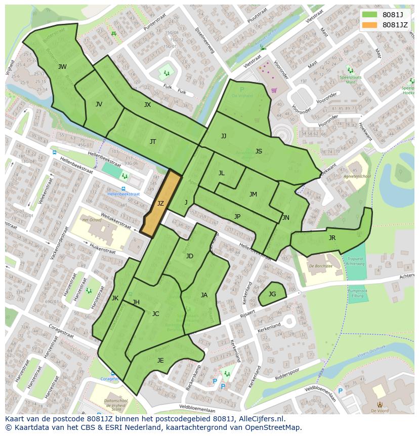 Afbeelding van het postcodegebied 8081 JZ op de kaart.