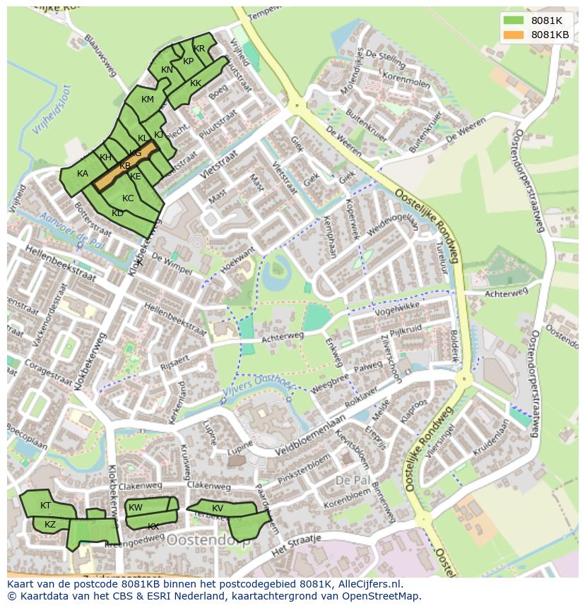 Afbeelding van het postcodegebied 8081 KB op de kaart.