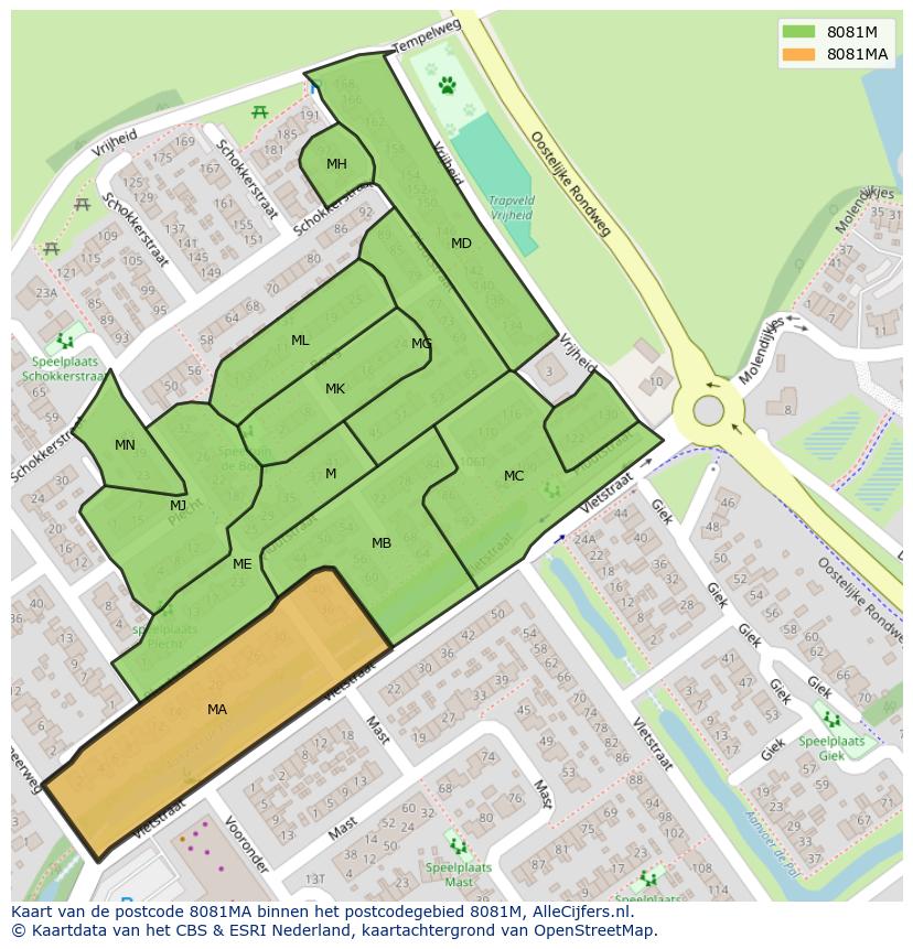 Afbeelding van het postcodegebied 8081 MA op de kaart.