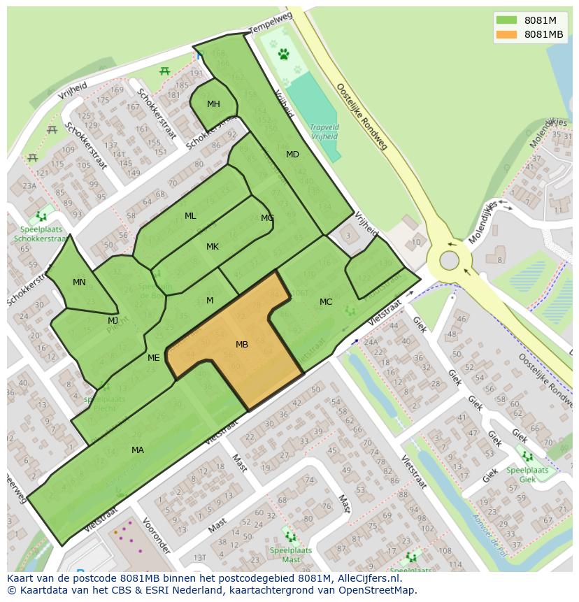 Afbeelding van het postcodegebied 8081 MB op de kaart.