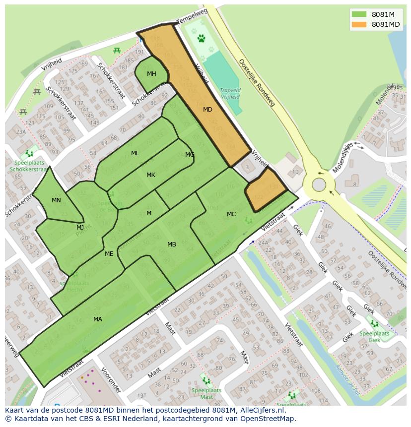 Afbeelding van het postcodegebied 8081 MD op de kaart.