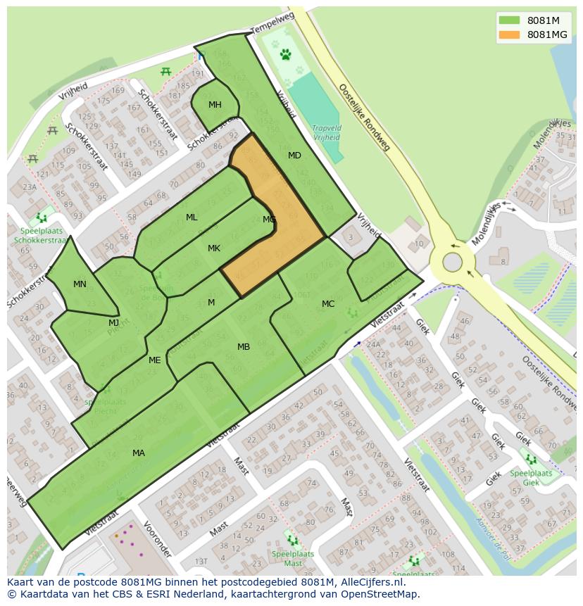 Afbeelding van het postcodegebied 8081 MG op de kaart.