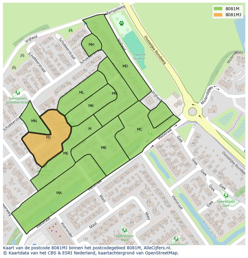 Afbeelding van het postcodegebied 8081 MJ op de kaart.