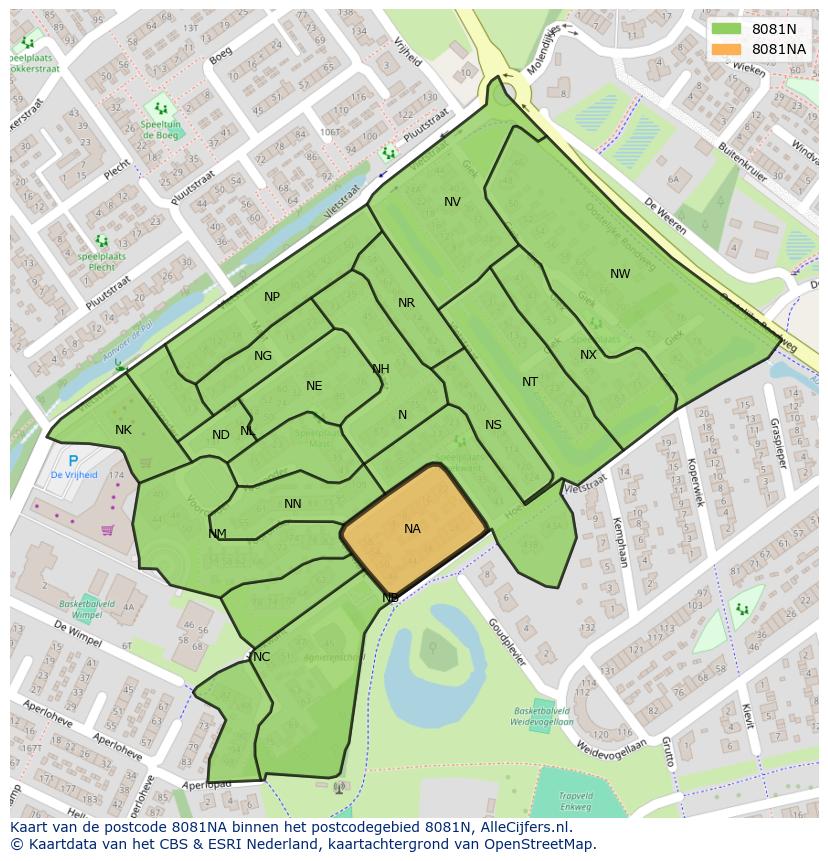 Afbeelding van het postcodegebied 8081 NA op de kaart.