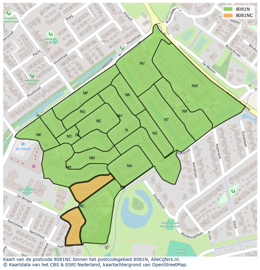 Afbeelding van het postcodegebied 8081 NC op de kaart.