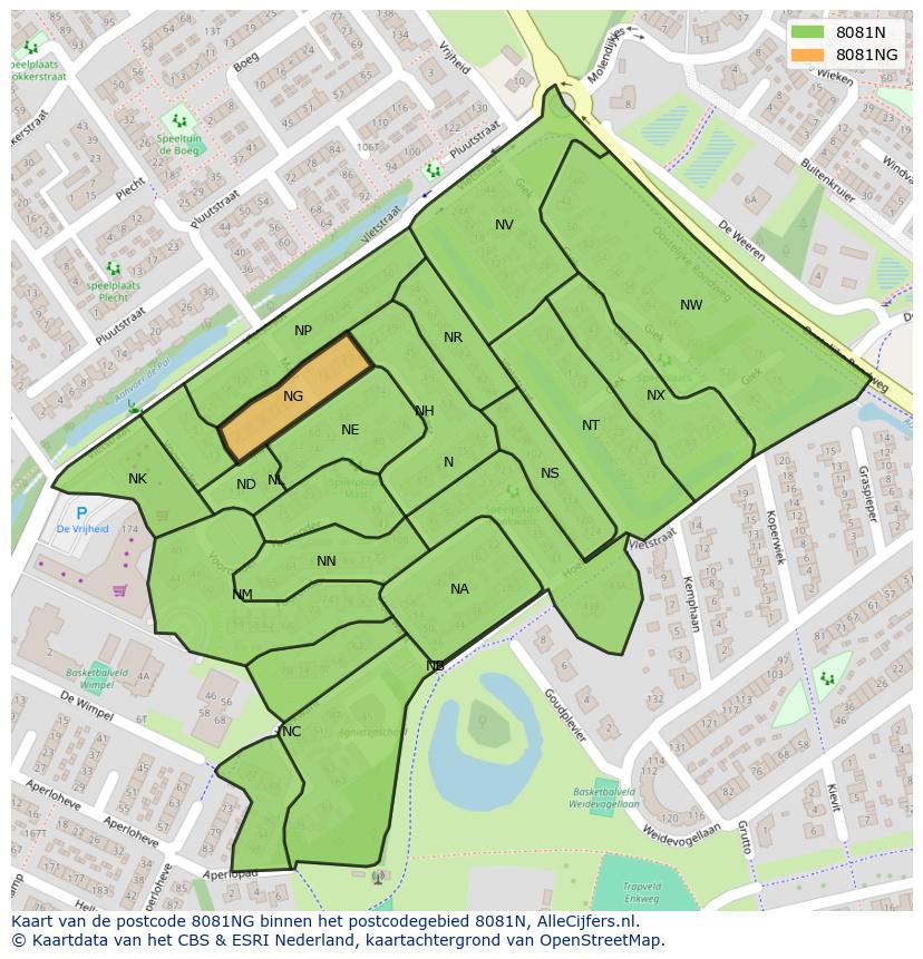 Afbeelding van het postcodegebied 8081 NG op de kaart.