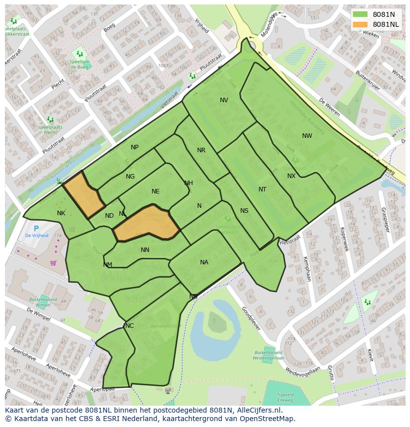 Afbeelding van het postcodegebied 8081 NL op de kaart.
