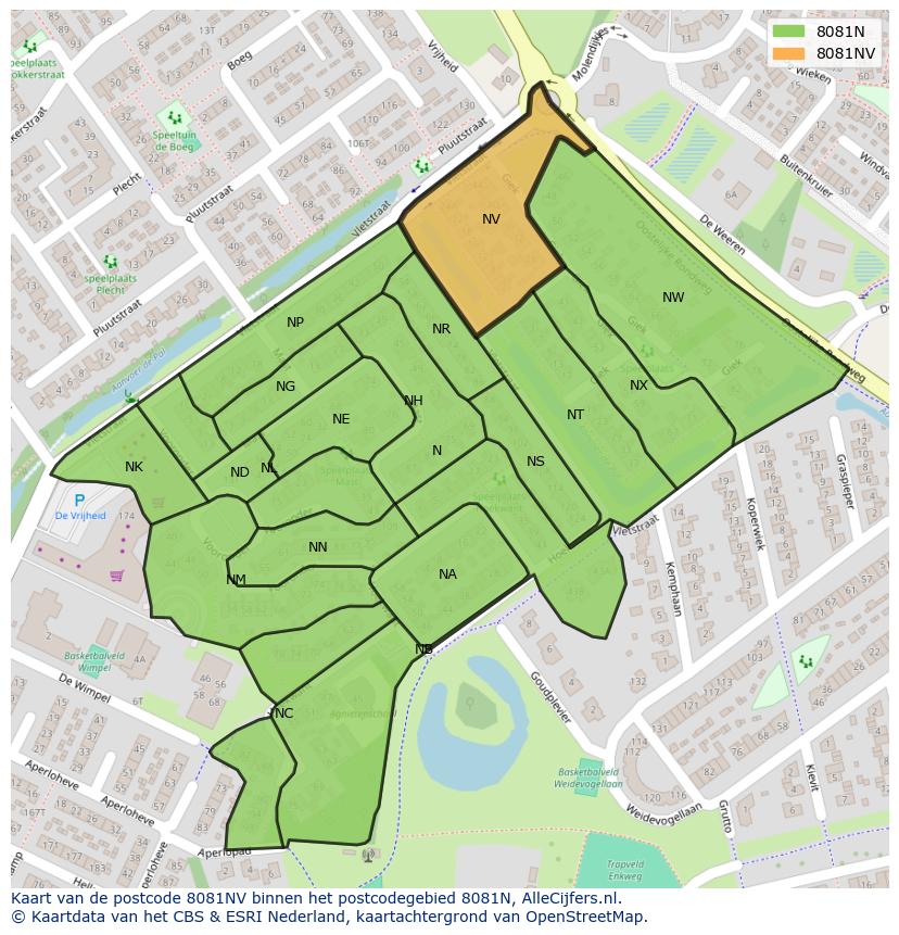 Afbeelding van het postcodegebied 8081 NV op de kaart.