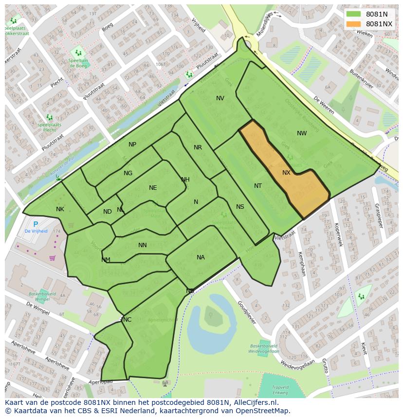 Afbeelding van het postcodegebied 8081 NX op de kaart.