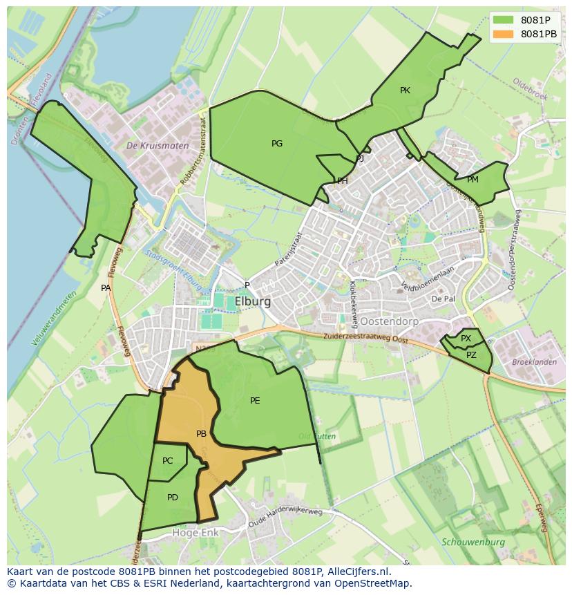 Afbeelding van het postcodegebied 8081 PB op de kaart.