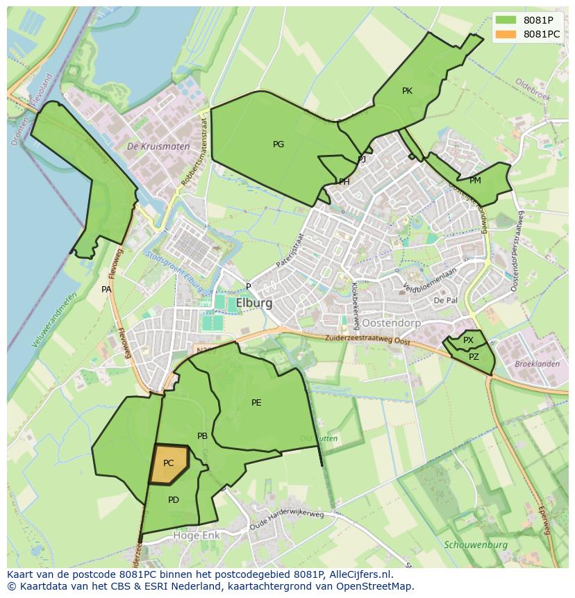 Afbeelding van het postcodegebied 8081 PC op de kaart.