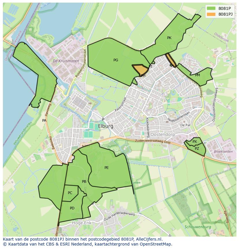 Afbeelding van het postcodegebied 8081 PJ op de kaart.