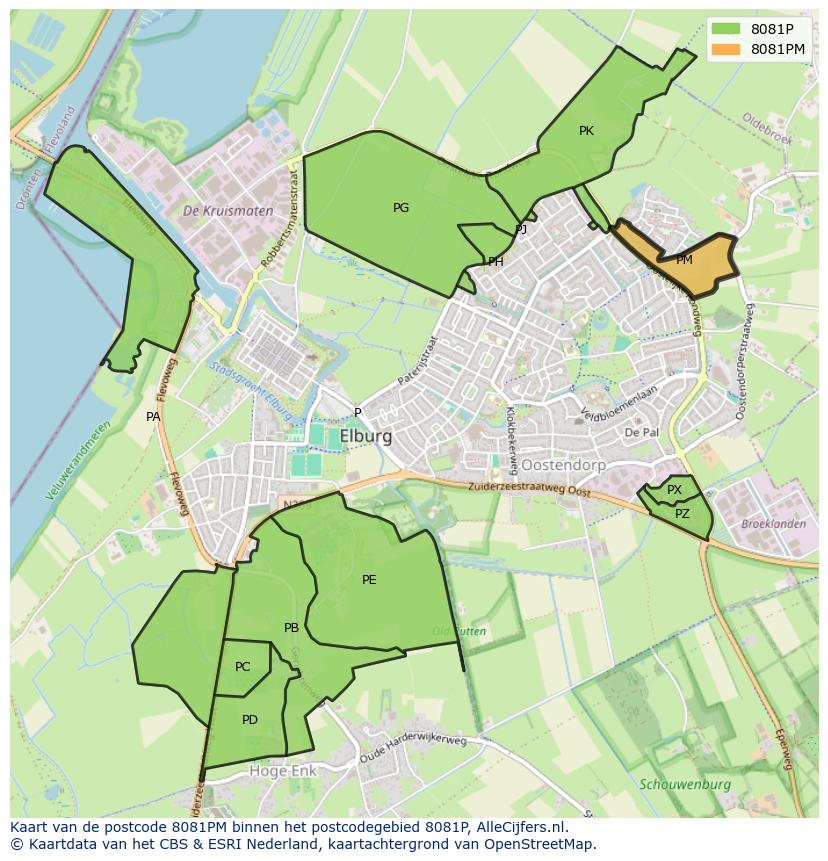 Afbeelding van het postcodegebied 8081 PM op de kaart.