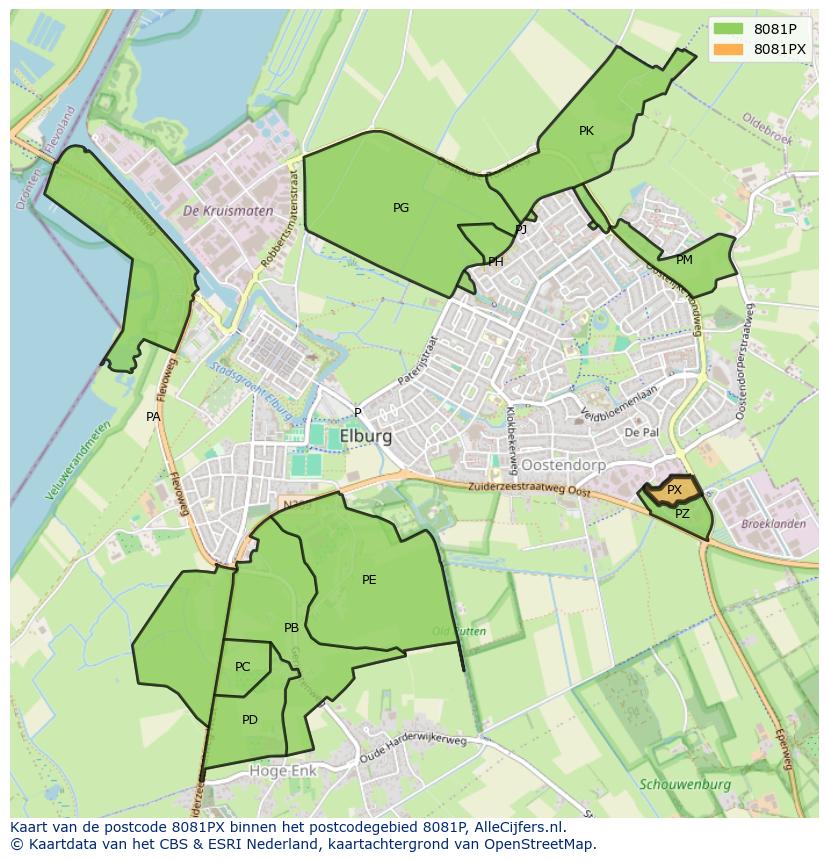 Afbeelding van het postcodegebied 8081 PX op de kaart.