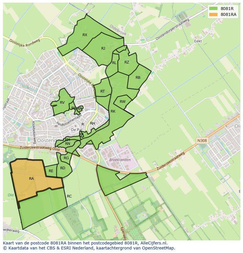 Afbeelding van het postcodegebied 8081 RA op de kaart.