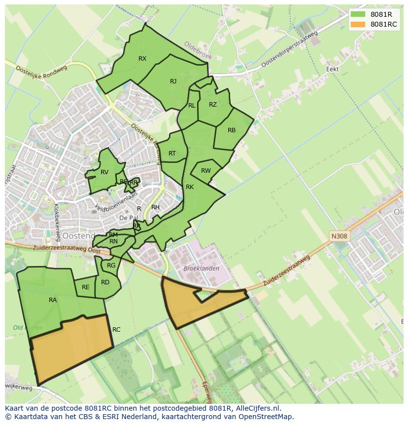 Afbeelding van het postcodegebied 8081 RC op de kaart.