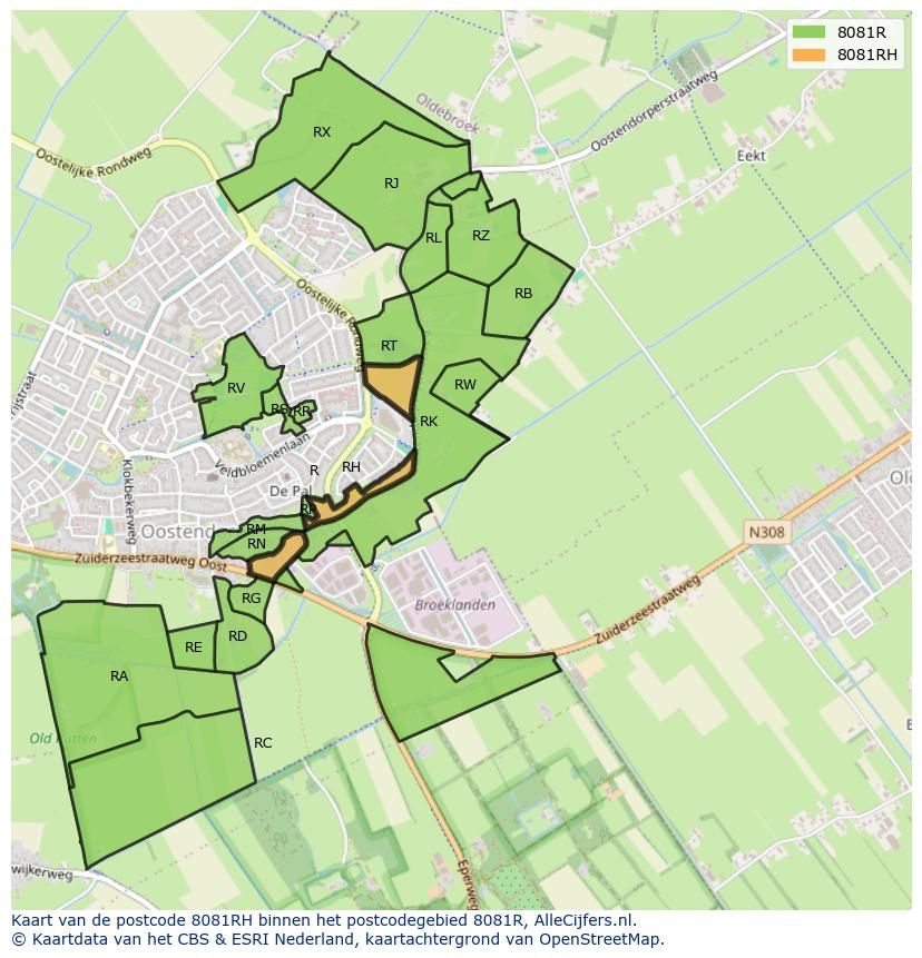 Afbeelding van het postcodegebied 8081 RH op de kaart.