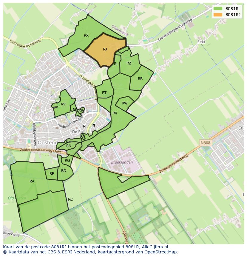Afbeelding van het postcodegebied 8081 RJ op de kaart.