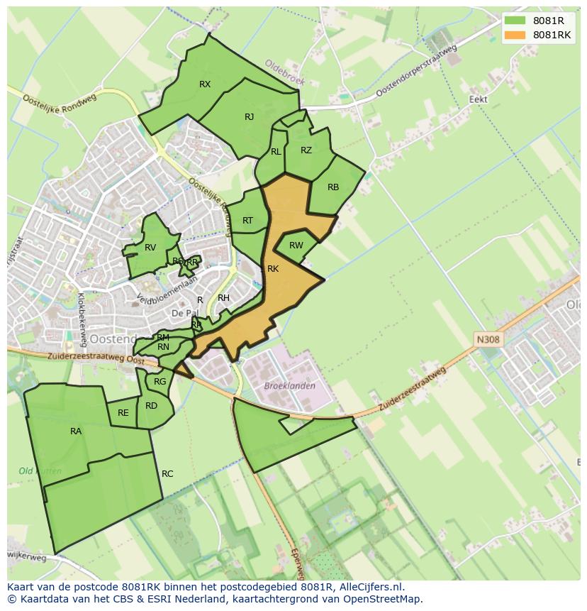 Afbeelding van het postcodegebied 8081 RK op de kaart.