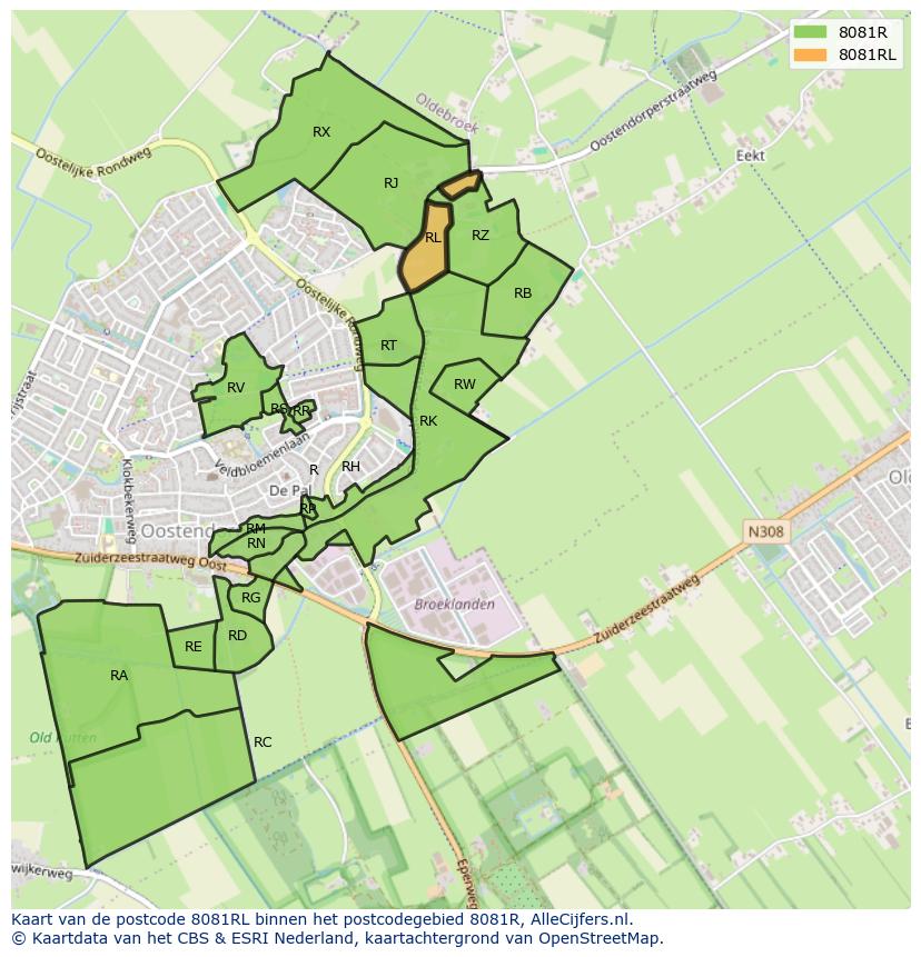Afbeelding van het postcodegebied 8081 RL op de kaart.