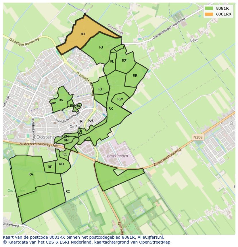 Afbeelding van het postcodegebied 8081 RX op de kaart.
