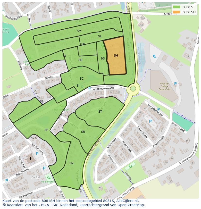 Afbeelding van het postcodegebied 8081 SH op de kaart.
