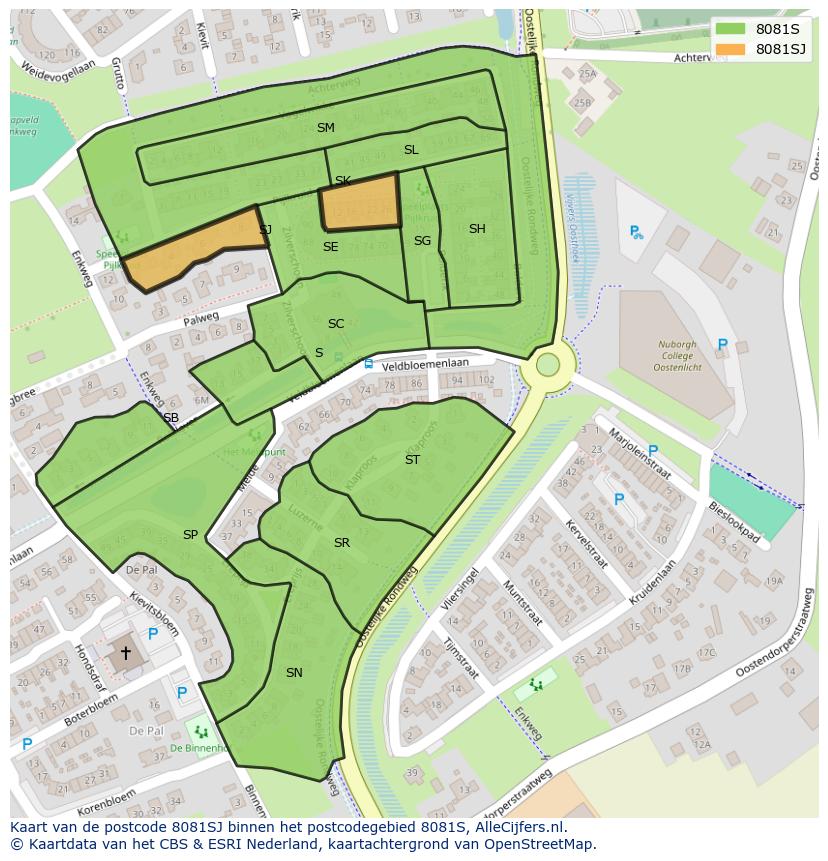 Afbeelding van het postcodegebied 8081 SJ op de kaart.