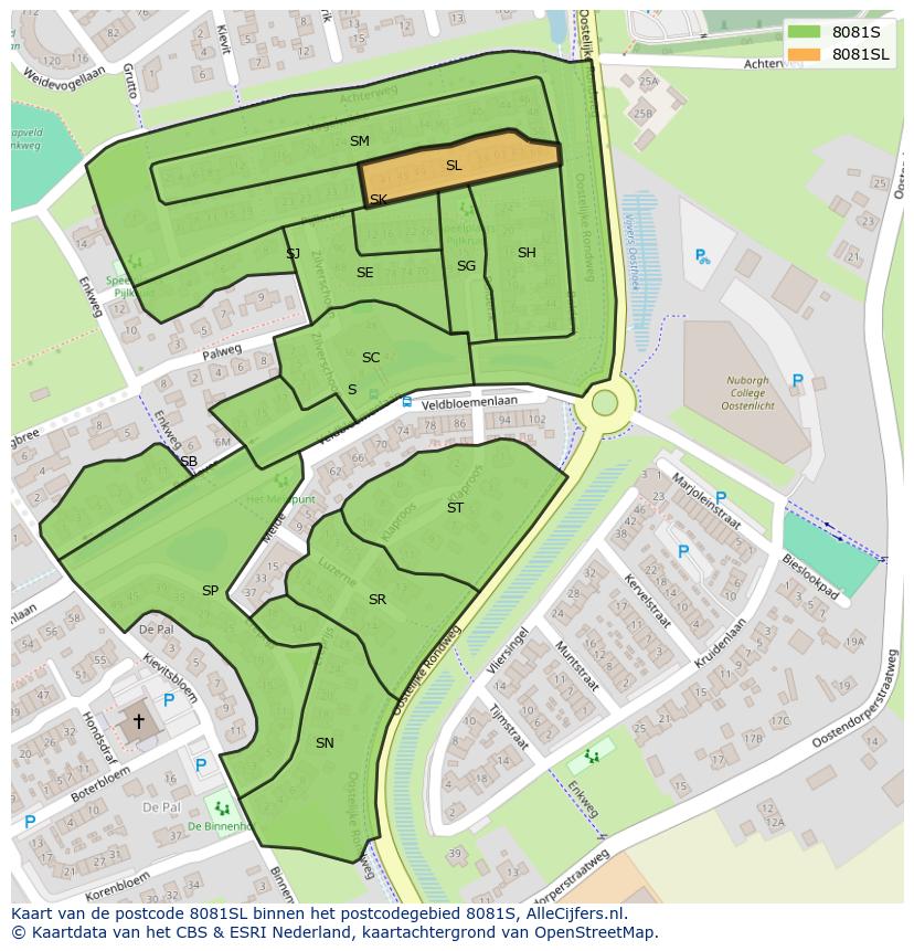Afbeelding van het postcodegebied 8081 SL op de kaart.