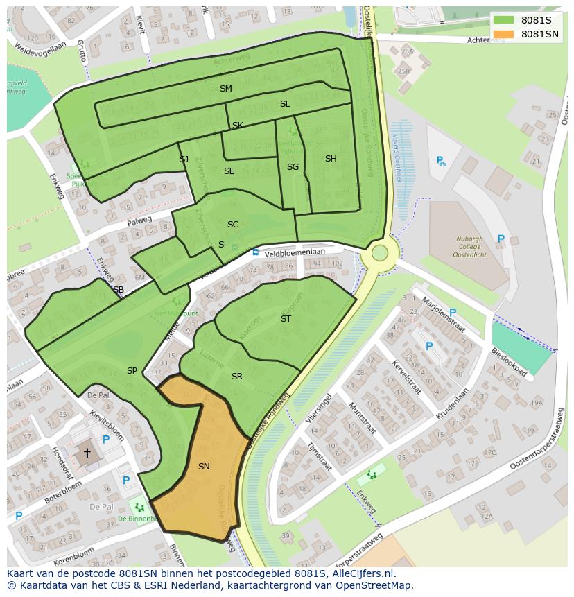 Afbeelding van het postcodegebied 8081 SN op de kaart.