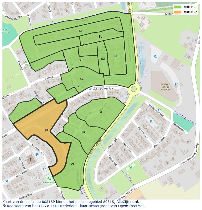 Afbeelding van het postcodegebied 8081 SP op de kaart.