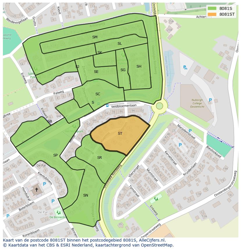 Afbeelding van het postcodegebied 8081 ST op de kaart.