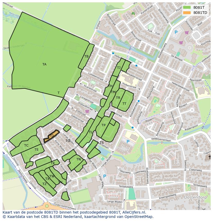Afbeelding van het postcodegebied 8081 TD op de kaart.