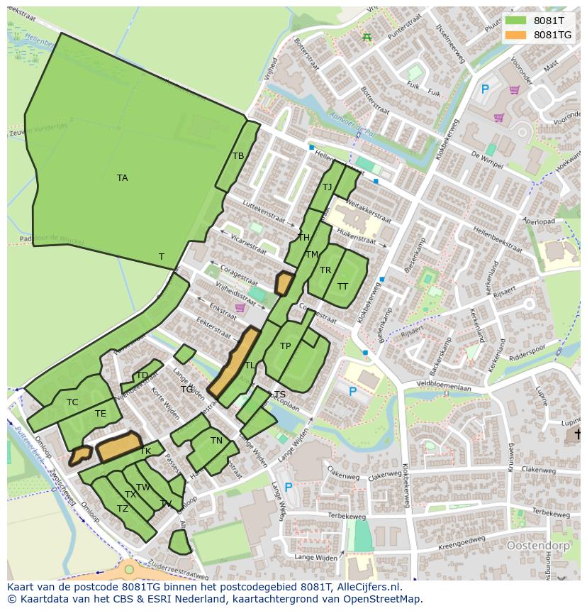 Afbeelding van het postcodegebied 8081 TG op de kaart.