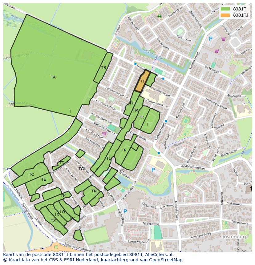 Afbeelding van het postcodegebied 8081 TJ op de kaart.