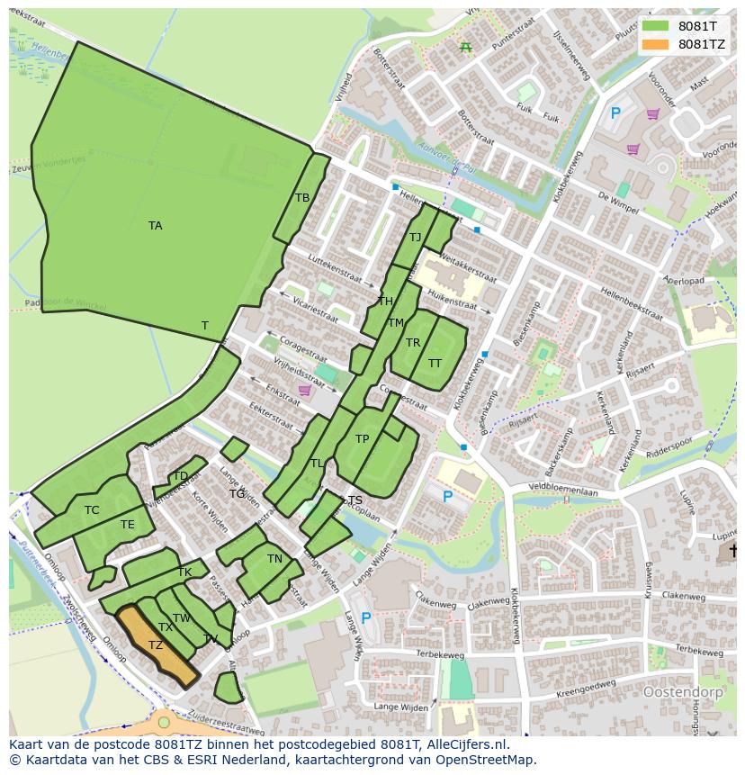 Afbeelding van het postcodegebied 8081 TZ op de kaart.