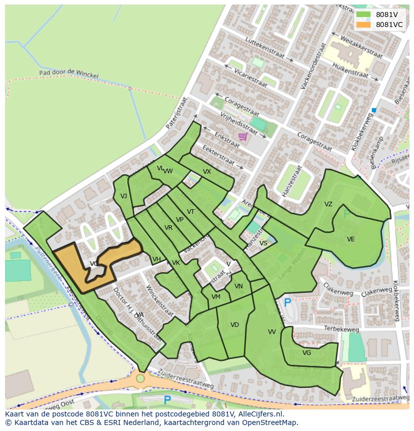 Afbeelding van het postcodegebied 8081 VC op de kaart.