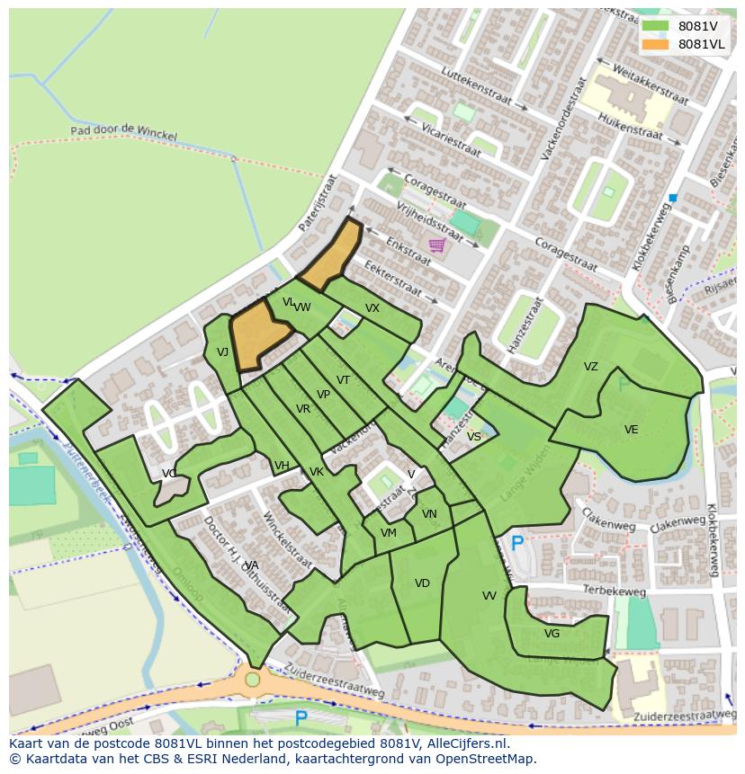 Afbeelding van het postcodegebied 8081 VL op de kaart.