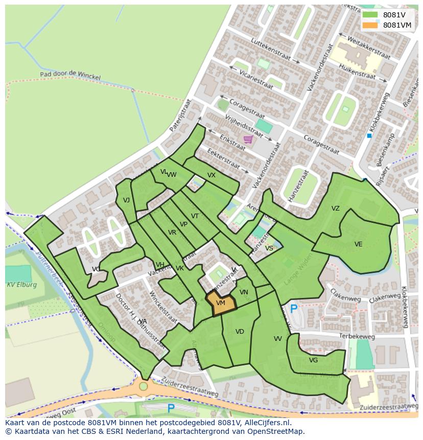 Afbeelding van het postcodegebied 8081 VM op de kaart.