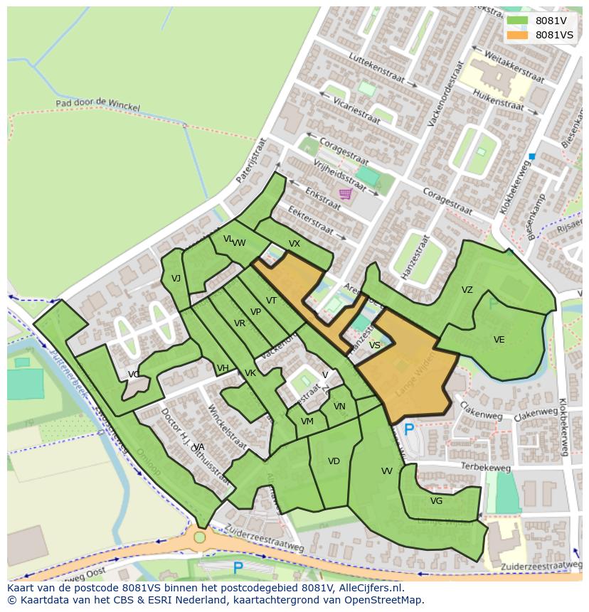 Afbeelding van het postcodegebied 8081 VS op de kaart.