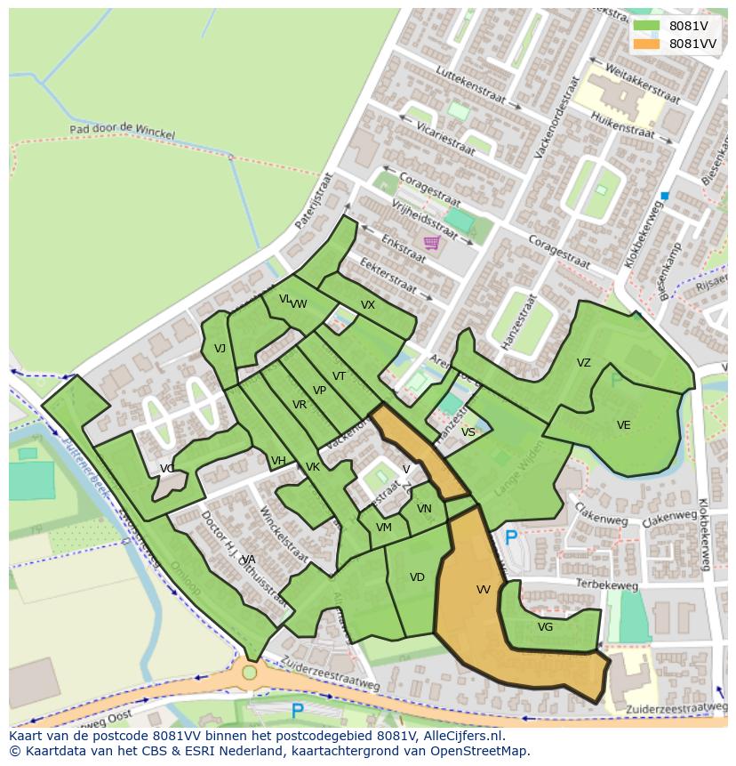 Afbeelding van het postcodegebied 8081 VV op de kaart.