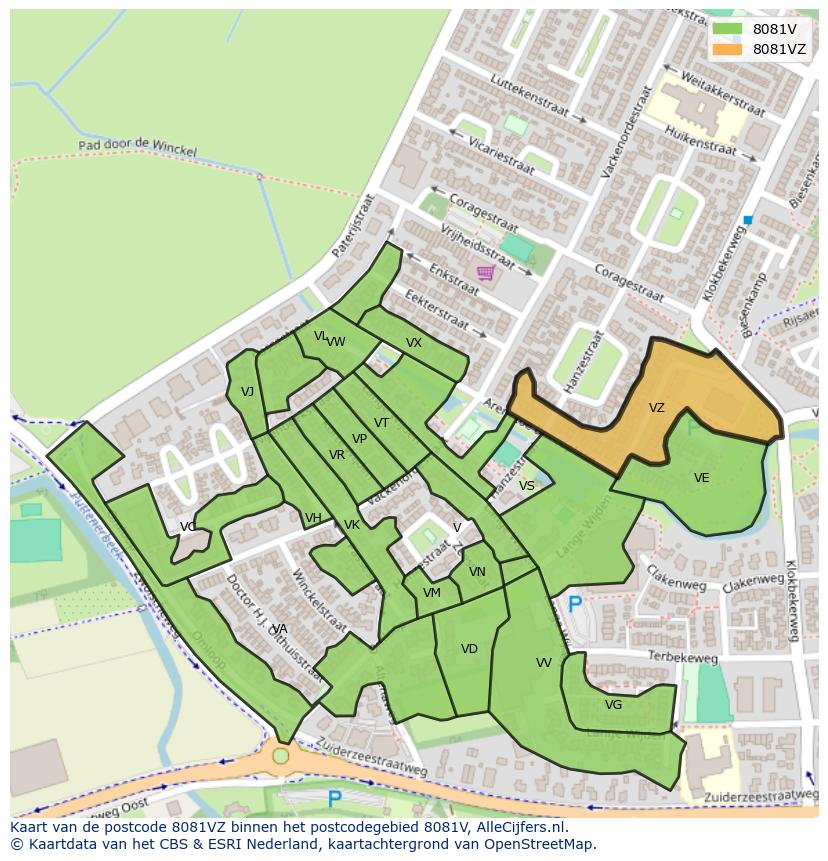 Afbeelding van het postcodegebied 8081 VZ op de kaart.