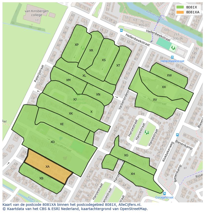 Afbeelding van het postcodegebied 8081 XA op de kaart.