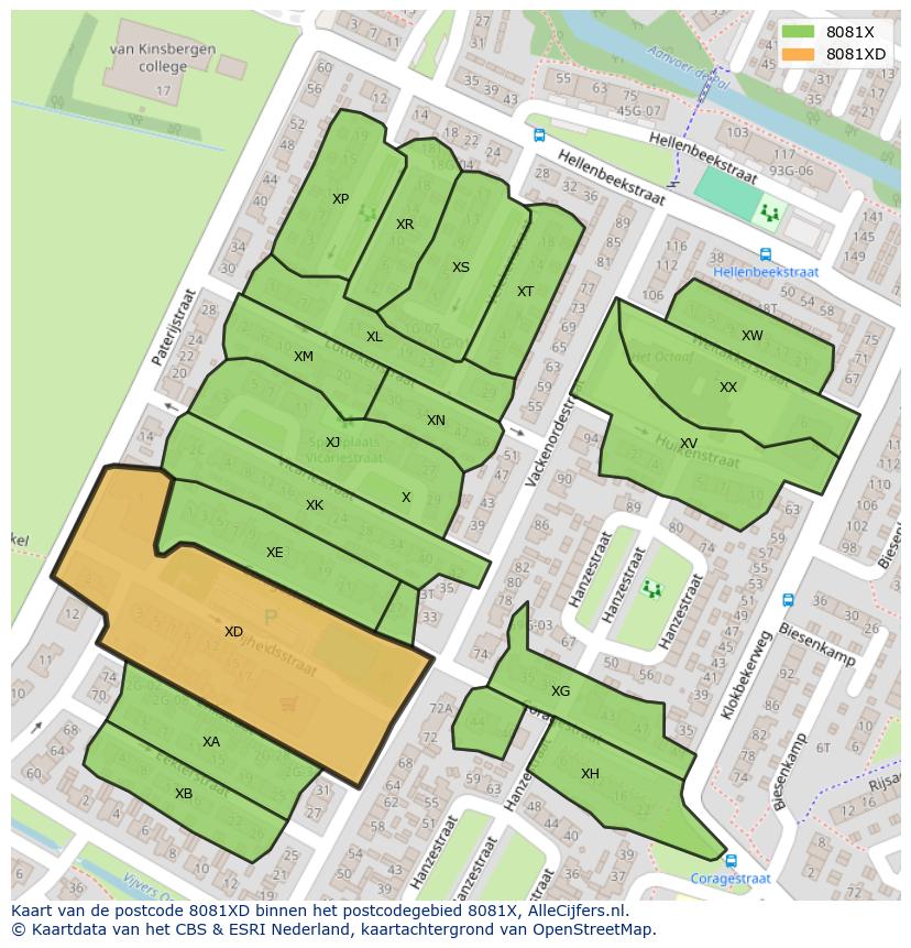 Afbeelding van het postcodegebied 8081 XD op de kaart.