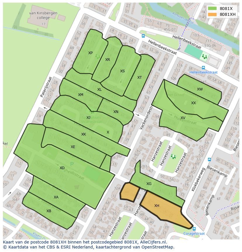 Afbeelding van het postcodegebied 8081 XH op de kaart.