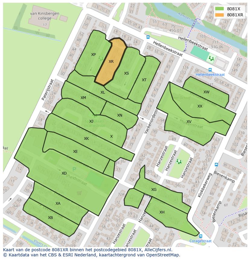 Afbeelding van het postcodegebied 8081 XR op de kaart.