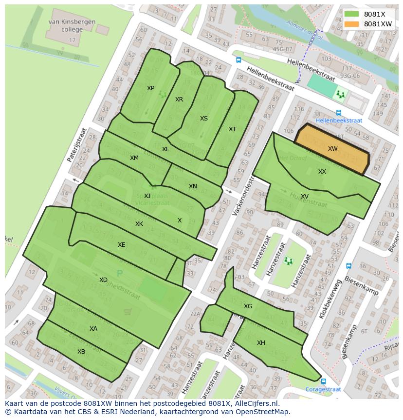 Afbeelding van het postcodegebied 8081 XW op de kaart.