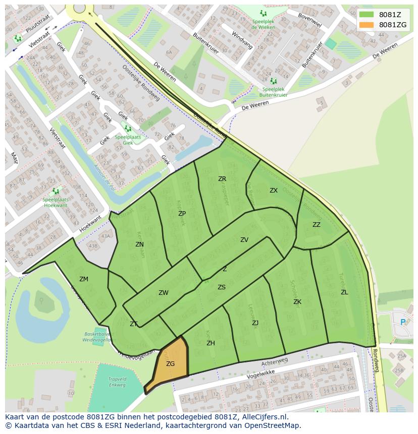 Afbeelding van het postcodegebied 8081 ZG op de kaart.