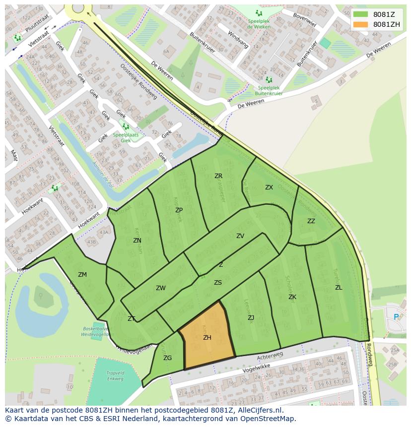 Afbeelding van het postcodegebied 8081 ZH op de kaart.