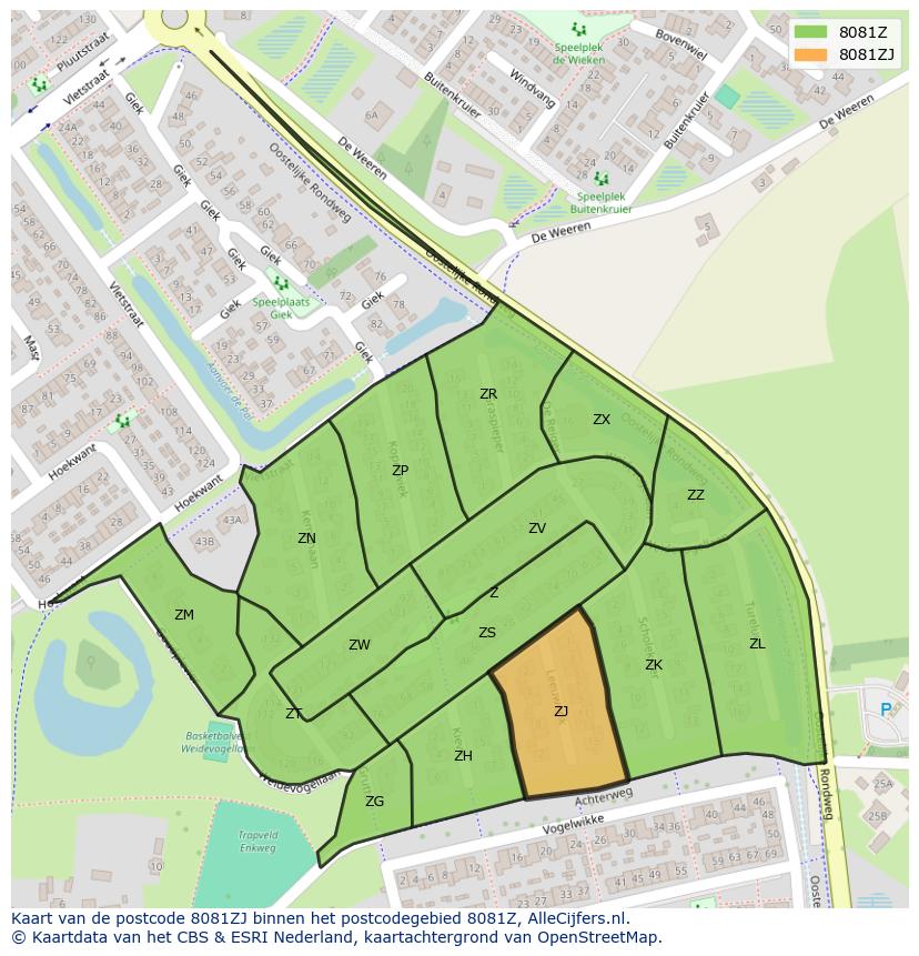 Afbeelding van het postcodegebied 8081 ZJ op de kaart.