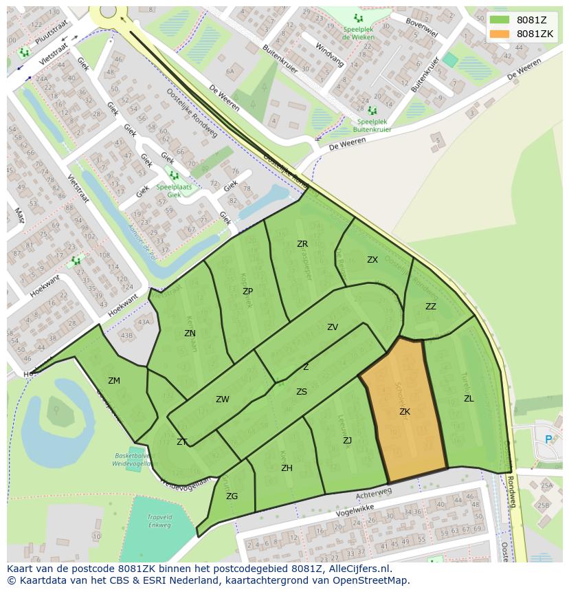Afbeelding van het postcodegebied 8081 ZK op de kaart.